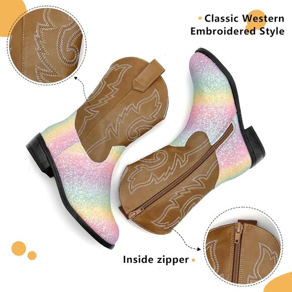 xinlanlin Kids Sequins Rainbow Brown Embroidered Square Toe Glitter Western Boot - Picture 5 of 6